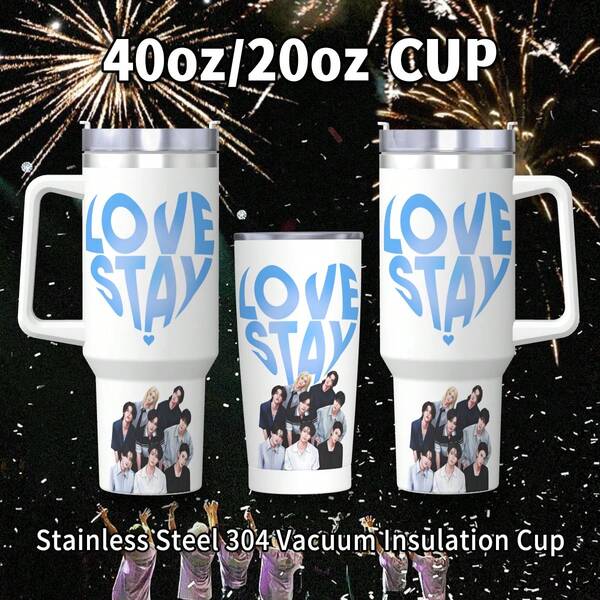 40oz/20oz (SKZ) 'LOVE STAY' Termo de acero inoxidable al vacío aislado - Taza de viaje térmica de doble pared con asa y pajita a prueba de fugas | Regalo coleccionable lindo para fans de STAY, Día de San Valentín, escuela, gimnasio | Mantiene la temperatura caliente y fría durante 24 horas