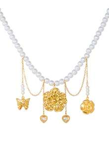 1 Peça Colar Feminino Elegante e da Moda com Pérolas Falsas, Combinado com Acessórios Florais em Coração de Aço Inoxidável 304, Adequado para Todas as Estações, Perfeito para Festas Femininas ou Uso Diário. - Dourado - Visão 5