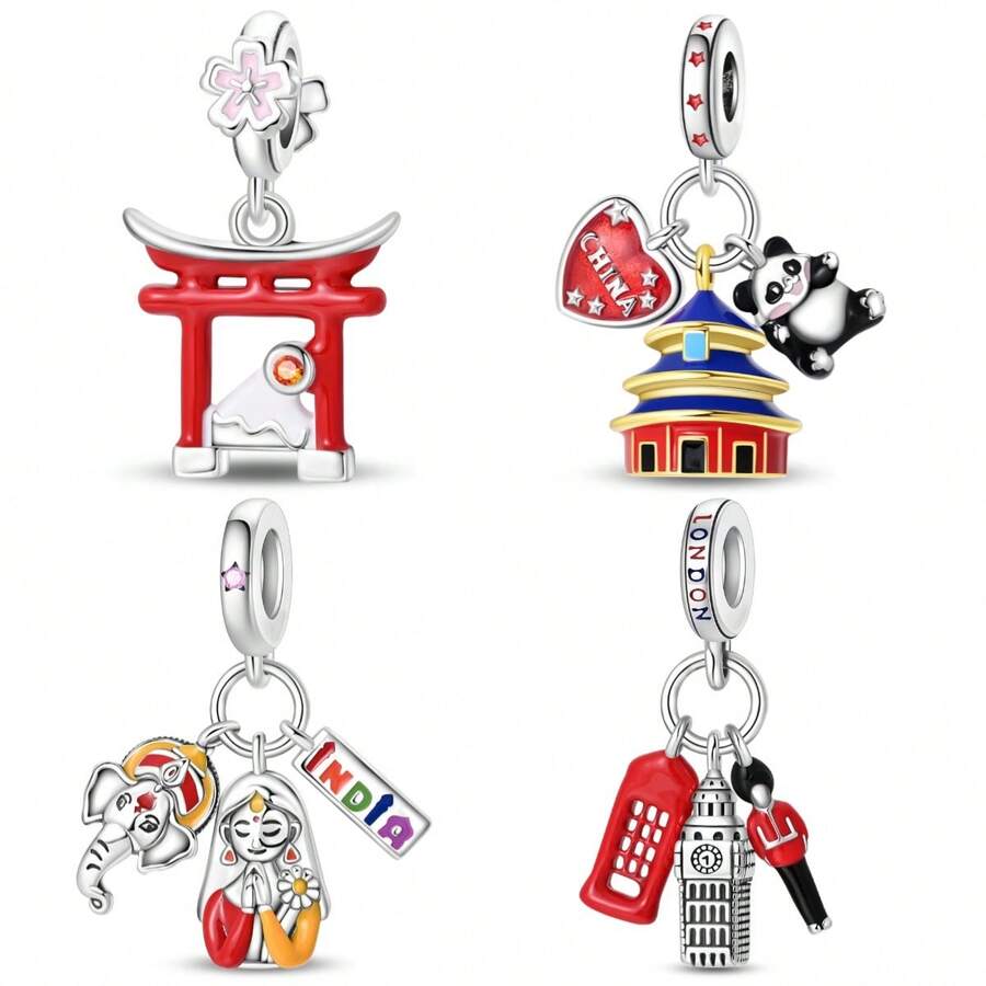 1pc Silver Plated World Famous Attractions Temple Of Heaven Panda, Big Ben, Fushimi Inari Dangle Charms Suitable For Bracelet Necklace Diy Jewelry Making