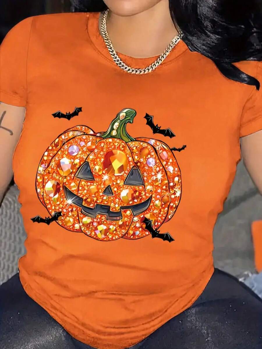 Camiseta playera gráfica dama mujer manga corta cuello redondo casual cómoda fresca ligera moderna juvenil corte regular estampado calabaza brillos imitación strass diamantes murciélagos - Naranja - Ver 1