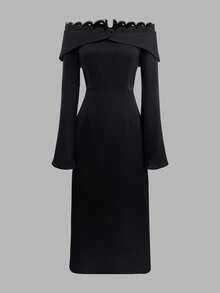 Women's Elegant Off-Shoulder Black Lace Decorated Evening Dress, Autumn - Black - View 2