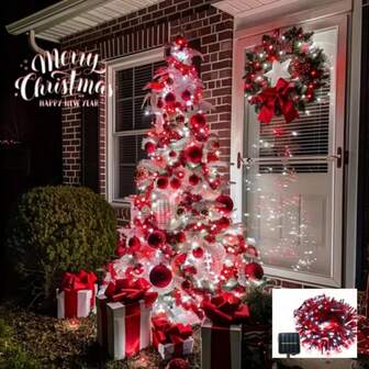 1 件太阳能供电 23 英尺/39 英尺圣诞装饰灯串，带 50/100 个 LED 灯的装饰灯串，适用于室内/室外家居装饰圣诞树冬季派对、室内圣诞灯、家居圣诞装饰灯、派对照明、节日装饰、欢快的灯串、装饰氛围、持久装饰、切换控制、按钮灯、无需电池、季节性照明、电动开关、节日装饰品