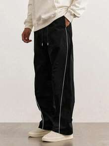 Men's Striped Loose Straight Leg Sweatpants, Casual Workout Pants For Gym, Fitness, Outdoor, Running, Daily Wear, Spring & Autumn - màu đen - Xem 2