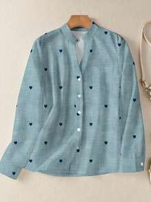 Plus Size Women's Romantic Heart Print Long Sleeve Button-Up Shirt With Pockets, Suitable For Autumn, Winter And Spring - Navy Blue - View 10