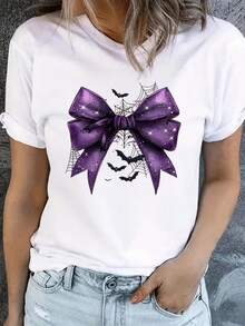 Camiseta con lazo morado y elementos de Halloween,Camiseta casual estampada de manga corta y cuello redondo, 100 % algodón,disfraz halloween mujer - Blanco - Ver 1