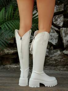 Cizme de damă peste genunchi cu talpă groasă și toc gros, stil western nou, fermoar lateral, cizme de călărie la modă pentru sărbători