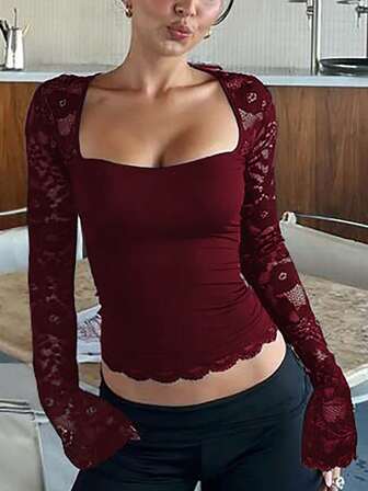 Women Solid Lace Patchwork Long Sleeve Crop T Shirts Skinny Sexy Party Club Tops
