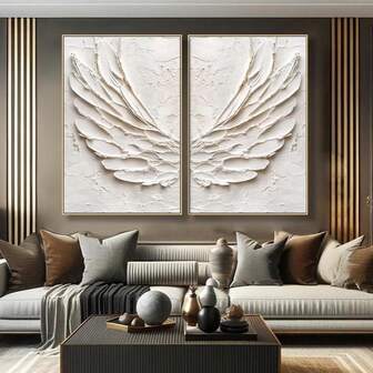 2 piezas Alas de ángel blancas abstractas con textura, arte de pared moderno, cuadros, pintura sobre lienzo, regalo ideal para decoración de habitación, sala de estar, baño, sin marco 50x70cm/19.68X27.55 pulgadas