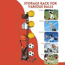 Ball Storage Rack Multi-Layer Basketball Organizer Rack With Basket And Hooks",Shelves - Black - View 7