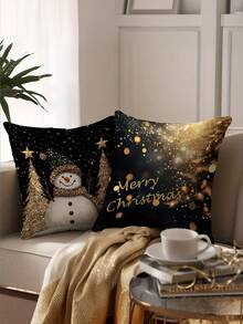 4pcs Gold Christmas Pillow Covers, Elegant Christmas Pillow Shams With Snowman, Reindeer And Christmas Tree Cartoon Designs, Polyester Single-Sided Printed Cushion Covers For Christmas Holiday Home Decor, Suitable For Sofa, Bed, Chair, Bedroom, Living Room, Farmhouse Porch, Machine Washable With Zipper Closure, Pillow Insert Not Included - Gold - View 4