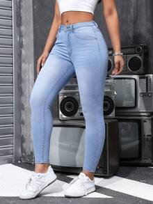 Jeans skinny mezclilla pantalones vaqueros dama mujer cintura alta cinco bolsillos ajuste ceñido costuras contraste elástica diario casual cómodos denim - Azul - Ver 6