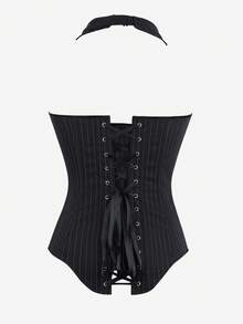 Áo corset, áo crop top kẻ sọc có cổ yếm, khóa kéo phía trước, thân áo corset phong cách cổ điển dành cho nữ, thích hợp biểu diễn trên sân khấu, Halloween - màu đen - Xem 3