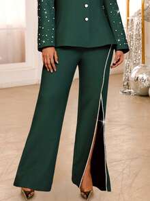 加大码优雅梭织面料西装裤，带珍珠开叉细节，长款直筒裤，适合女士外出穿着，优雅正式场合，商务工作