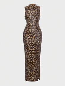 魅力时尚简约性感别致豹纹亮片立领收腰复古开衩旗袍连衣裙 - 咖啡棕 - 查看 2