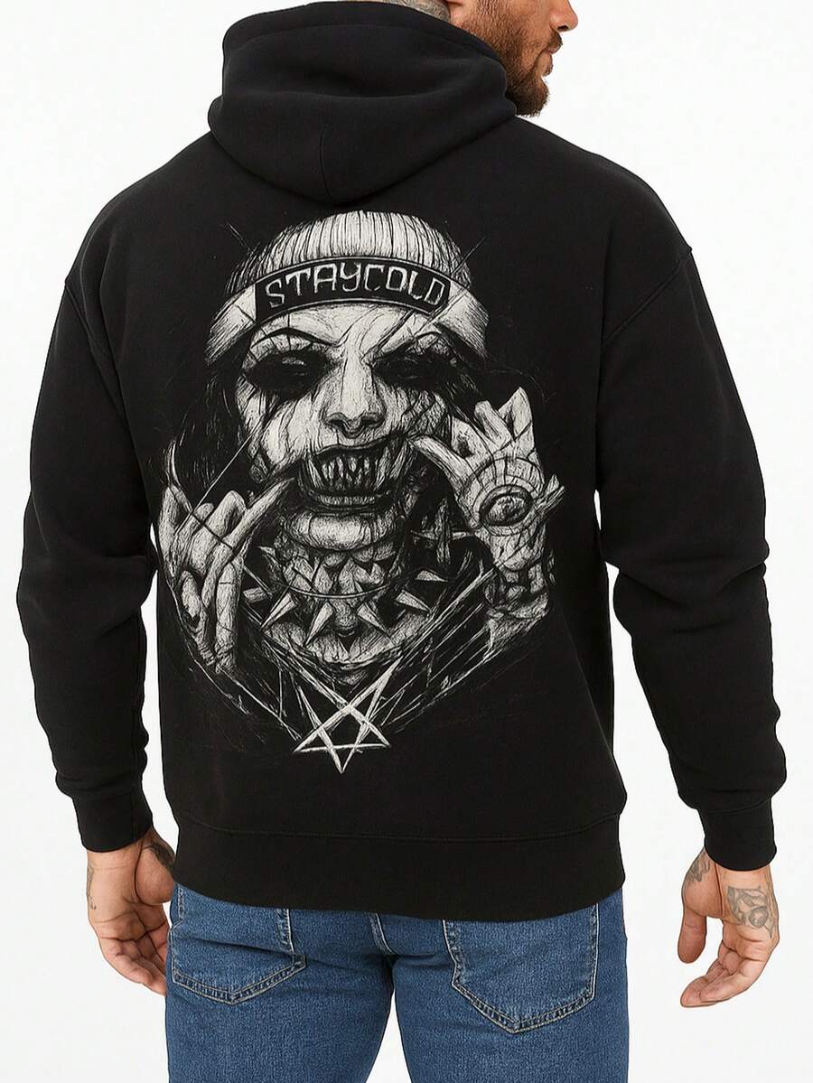 Stay Cold Gothic Skull Art Print Men's Autumn Soft Loose Black HoodedShirt,Long Sleeve Pocket Sweatshirt,Breathable Casual Fashion - màu đen - Xem 1