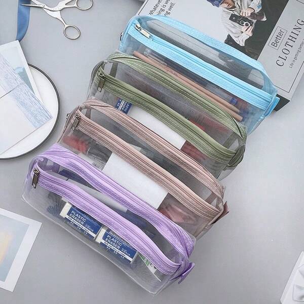 1 pieza Estuche de lápices de malla transparente, bolsa de papelería de doble capa de gran capacidad para estudiantes, adecuado como regalo de Navidad