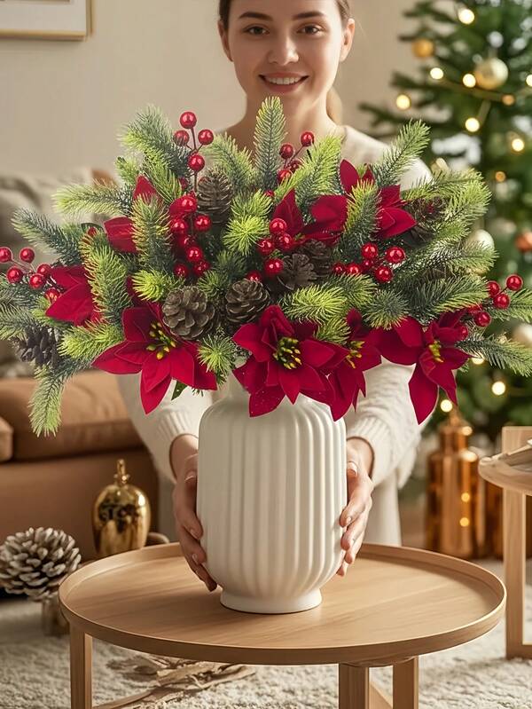 4 PIEZAS Ramos de flores artificiales de Flor de Pascua con bayas rojas, ramas de pino y piñas falsas de Flor de Pascua para decoraciones navideñas en la sala de estar, decoración del hogar, hotel, arreglos florales de boda, flores falsas, Día de San Valentín, regalos, cumpleaños, graduación