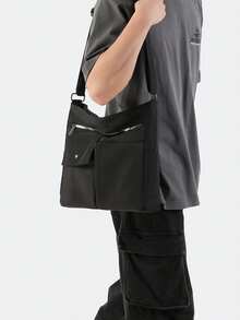 1pc Men's Casual Shoulder Bag, Multi-Pocket Design, Versatile College Style Messenger Bag, Solid Color Laptop Bag - Black - View 2