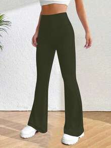 PETITE Solid High Rise Flared Straight Leg Pants - Olive Green - View 4