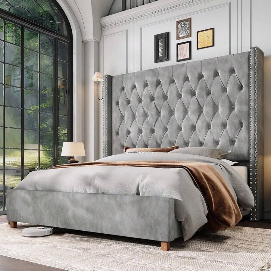 Luxury Velvet Wingback Bed Frame With 61.4" Tall Button Tufted Headboard - Platform, Solid Wood Legs, Modern Glam, Grey - Xám - Xem 1