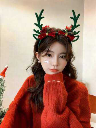 1 Pieces Christmas Lady Hair Accessory Hair Band Decoration Headband, 4 Styles, Green And Red, Bow Tassels, Deer Antlers, Suitable For Christmas Party Activities And Gatherings, Suitable For Both Men And Women ,Party ,Hair Band ,Diadema ,Hair Hoop