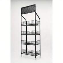 4-Tier Snack Candy Display Rack Organizer, Storage Shelf Display Rack With Wheels & Hooks, Metal Retail Display Rack Stand, Basket Stand Cart - Black - View 12