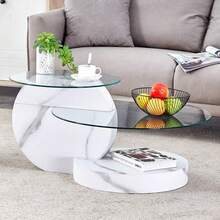 MUUOKY 35 Inch Double Layer Coffee Table Round - Tempered Glass Tabletop, White Coffee Tables With Imitation Marble Legs, Modern Practical Art Decor Design Table For Living Room & Bedroom, For Small Space Home Office, Cafe, Office, Set For Christmas Parties, Room Decor, Easy To Assemble, Christmas Decor, Christmas Decorations, Christmas Gifts, Christmas Home, Christmas Decor Home - 白色 - 查看 10