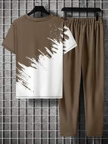 Men's Printed Crew Neck Short Sleeve T-Shirt And Pants Set - Brown - View 4