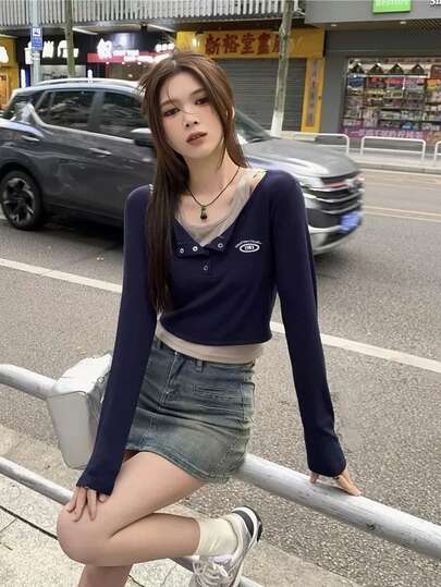 女士复古性感刺绣纽扣长袖T恤，修身休闲款，情人节，春夏款