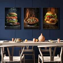 Set de 3 carteles de lienzo creativos sin marco, pintura de hamburguesa y pizza, pintura de lienzo, obra de arte de pared, adecuada para decoración del hogar, decoración de habitación, decoración de dormitorio, decoración de sala de estar, decoración de cocina, decoración de pared, arte de pared opcional con marco