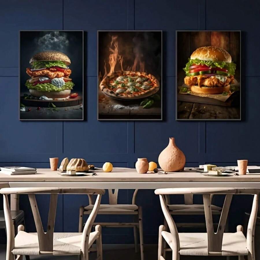 Set de 3 carteles de lienzo creativos sin marco, pintura de hamburguesa y pizza, pintura de lienzo, obra de arte de pared, adecuada para decoración del hogar, decoración de habitación, decoración de dormitorio, decoración de sala de estar, decoración de cocina, decoración de pared, arte de pared opcional con marco