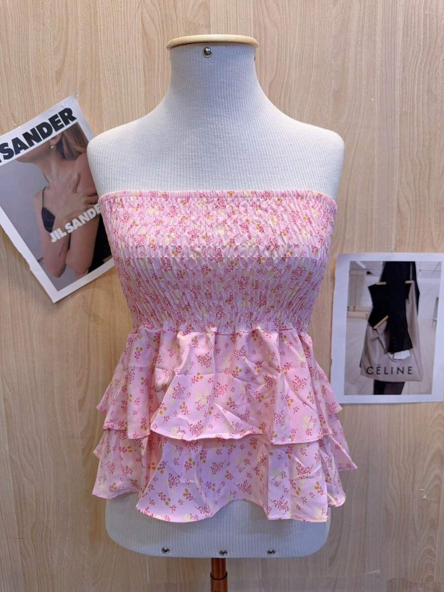 Women's Cropped Printed Blouse With Ruffle - Baby Pink - View 1
