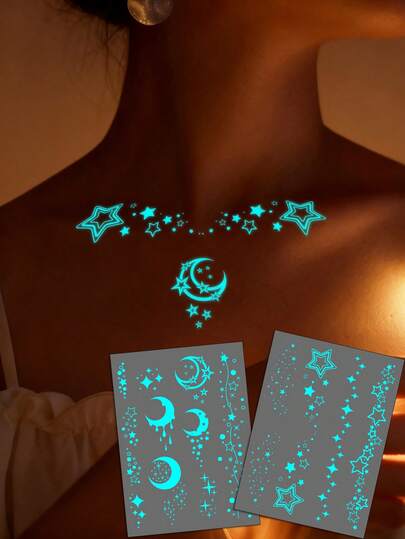 2PCS Blue Luminous Moon And Star Pattern Female Tattoo Sticker White Design, Fake Bracelet, Necklace, Face, Chest, Arms, Hands, Fingers, Wedding And Nightclub And Music Festival Party Pet Decoration Supplies