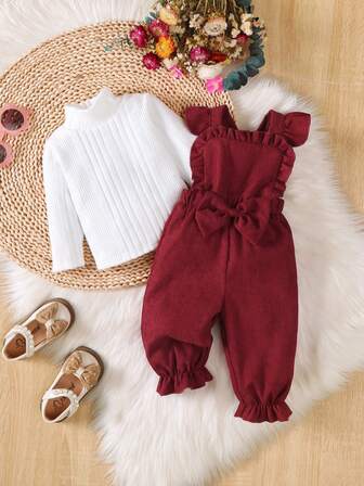 BrownBark 2pcs Baby Girls' Solid Color Turtleneck Long Sleeve Top + Bow Strap Bib Pants Set, Suitable For Outings And School Season, Perfect Outdoor Gift