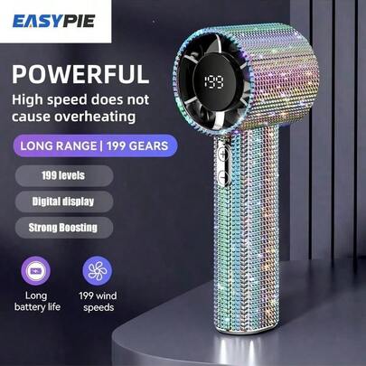 Easypie Selection Quạt mini cầm tay cao cấp đính đá toàn bộ, quạt turbo sạc USB-C, tốc độ gió điều chỉnh được, hoạt động êm ái, hộp quà mùa hè.