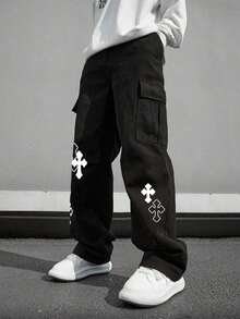 1 件青少年男孩/男孩百搭通勤户外休闲直筒裤，秋冬 - 黑色 - 查看 3