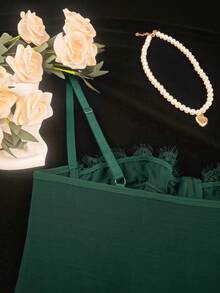 EZNV 1 pieza Body con adorno de encaje a la moda, con soporte y ajuste ceñido - Verde Oscuro - Ver 11