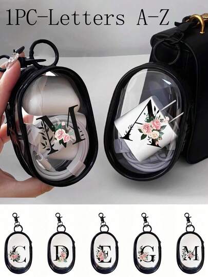 1 Pc Portable Mini Transparent Zipper Storage Bag, Floral Black Initials A - Z Pattern Compact Multifunctional Storage Bag, Headphones And Charger Box With Keychain, Transparent Travel Accessory, Exquisite And Small, Suitable For Storing Small Items, Data Cable Storage Bag, Bracelet Bag, Cosmetic Bag (Zipper Style And Color Random)
