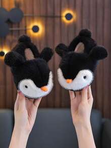 1 Pair Kids Plush Slippers, Cartoon Cute Non-Slip Soft Bottom Penguin Fur Toddler House Slippers, Winter - Black - View 4