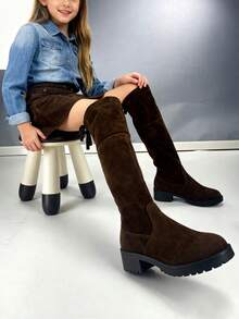1 Pair Kids Tween Girls Bowknot Faux Suede Anti - Slip Round - Toe Over - The - Knee Boots With Side - Zipper, Low Block Heel, Casual Stylish (Size 26 - 36) For Daily, Parties, Christmas - 棕色 - 查看 6