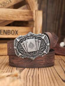 1pc Unisex Bohemian Western Cowboy Style Metal Buckle Vintage Brown PU Embossed Belt, Suitable For Casual Daily Wear (Hole Puncher Included) - Hollow Poker - View 12