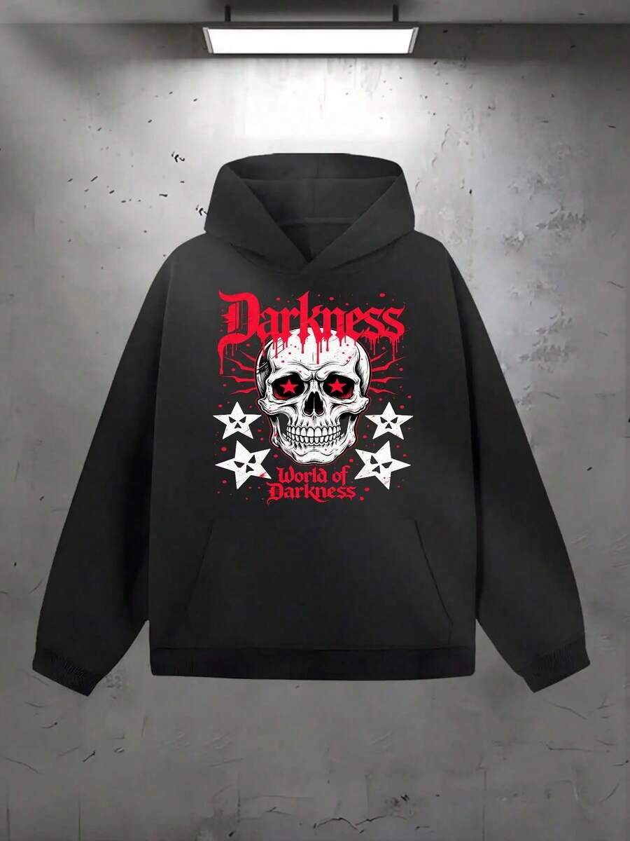 Men's Gothic Heavy Metal Style Oversized Hoodie - Dark World Skull And Batwing Pattern Pullover, Soft Cotton Blend Long Sleeve Streetwear Top With Kangaroo Pocket, Warm Winter And Halloween Outfit, Suitable For Punk Rock Concerts, Unisex Style, Gothic Skull And Star Print, Sharp Punk Rock Style, Machine Washable, Casual Loose Fit For Autumn And Winter, Daily Wear - 黑色 - 查看 1