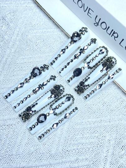 10 szt. Y2K overlength French Press On Nails, pełne pokrycie, sztuczne paznokcie, ręcznie robione, z trójwymiarową, błyszczącą ozdobą z kryształków, idealne na wesela, imprezy, walentynki, urodziny, prezenty świąteczne, idealnie dopasowane, wielokrotnego użytku, 1 szt. żel żelowy/1 szt. mini paski polerujące, odpinany zestaw do zdobienia paznokci, odpowiednie dla kobiet i dziewcząt na imprezy świąteczne i do codziennego użytku, produkty do paznokci