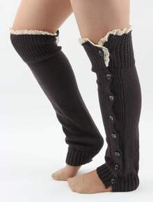 Button Decorated Knitted Over-The-Knee Socks For Women, Long JK Slouch Socks, Autumn And Winter Warm Retro Style Leg Warmers, Pair With High Heels And Boots - 淺灰 - 查看 6