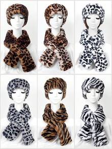 1pc Women's Leopard Print Casual Headband Scarf Set With Beret Hat, Warm & Versatile Faux Fur Cap, Autumn/Winter - Multicolor - View 6