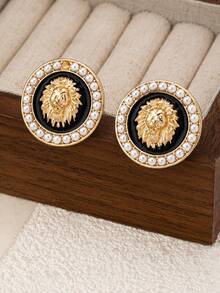 1 Pair Fashionable European & American Design Enamel Inlaid Pearl & Rhinestone Round Earrings, High-End Chic Stud Earrings For Women