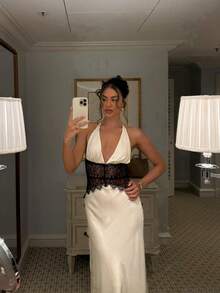 Sexy Lace & Satin Halter Tie Dress, Elegant Ball Gown, Wedding Dress, Holiday Party Dress, Valentine's Day - White - View 11