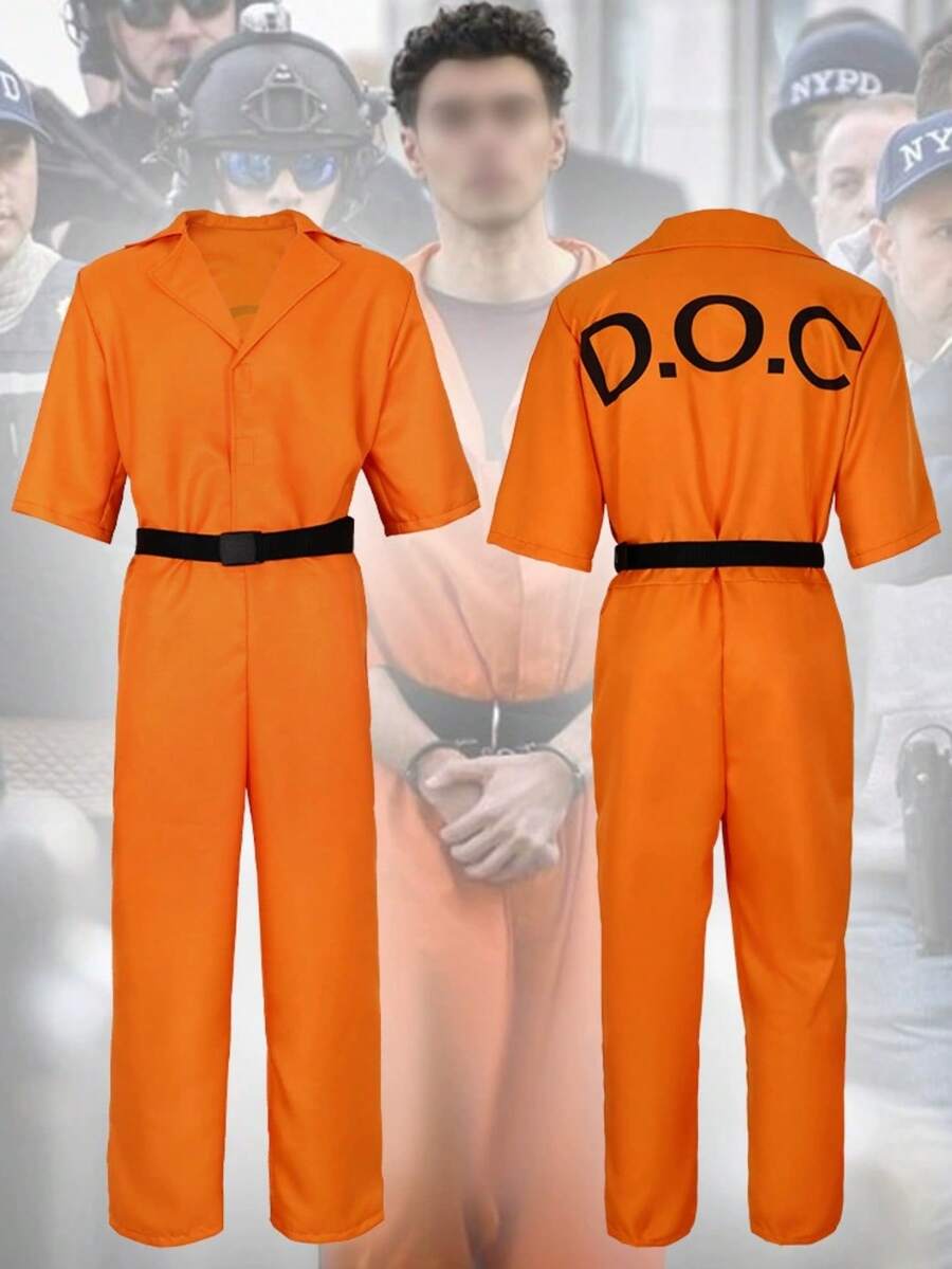 1 Set American Prison Uniform Jumpsuit, Orange Convict Costume For Halloween Cosplay - Orange - View 1