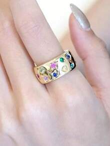 1pc Fashionable Adjustable Geometric Colorful Zirconia Ring, Vintage Style, Versatile For Women, Suitable For Daily Wear, Festivals, Parties, Gift For Girlfriend/Best Friend - Gold - View 4