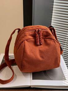Tas Bahu/Tas Selempang Mini Corduroy Multi-Saku Portabel dengan Resleting, Modis, Kasual, Serbaguna, Cocok untuk Penggunaan Sehari-hari Wanita - Jeruk - View 9